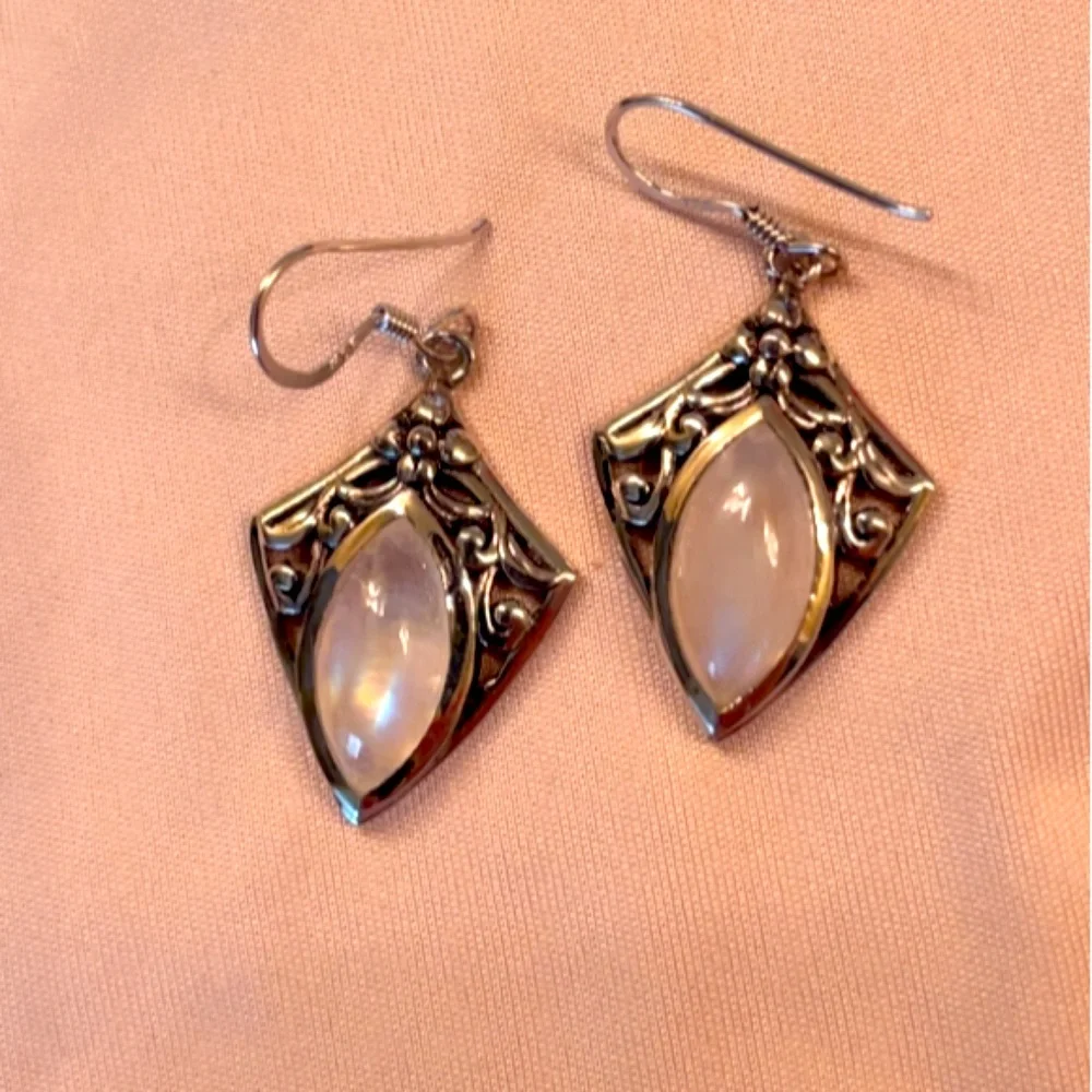 Sterling Silver Genuine Moonstone Dangle Earrings - Picture 4 of 5